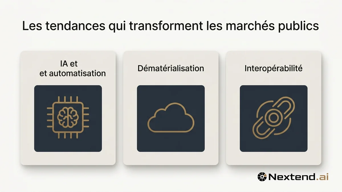 Trois cartes éditoriales présentant IA et automatisation, dématérialisation et interopérabilité des marchés publics