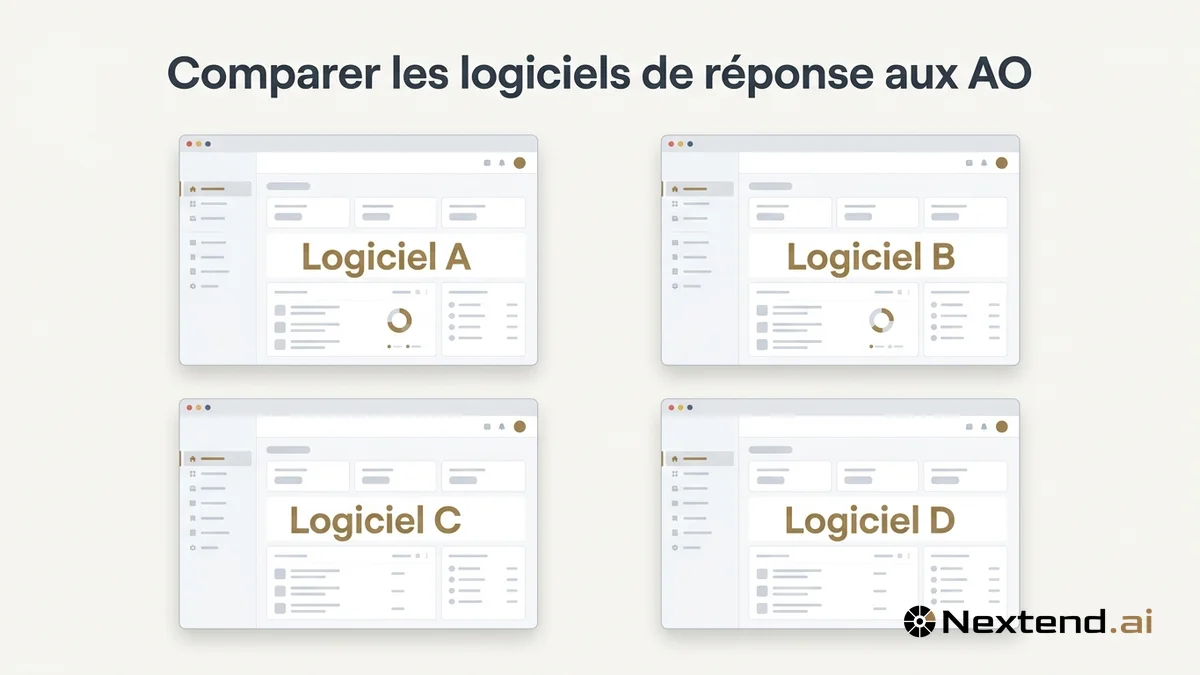 Mockup comparatif de quatre fenêtres SaaS épurées représentant des logiciels de réponse aux appels d'offres