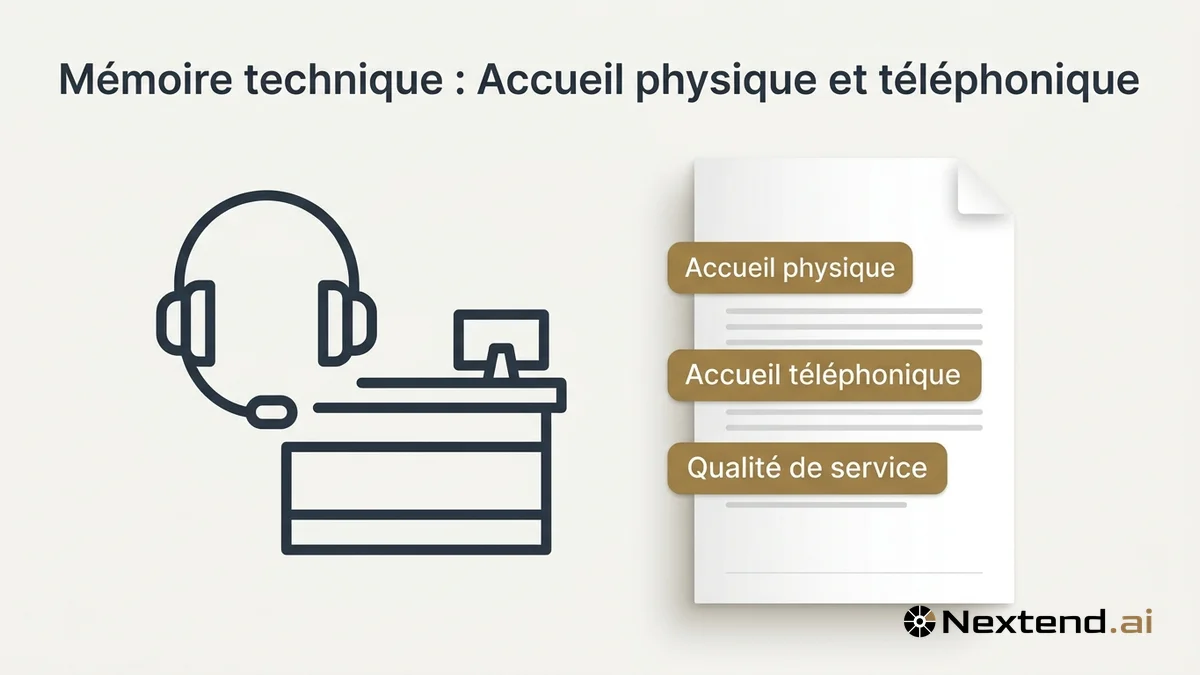 Illustration d'un casque téléphonique et d'un comptoir d'accueil associés à un mémoire technique et trois chips qualité