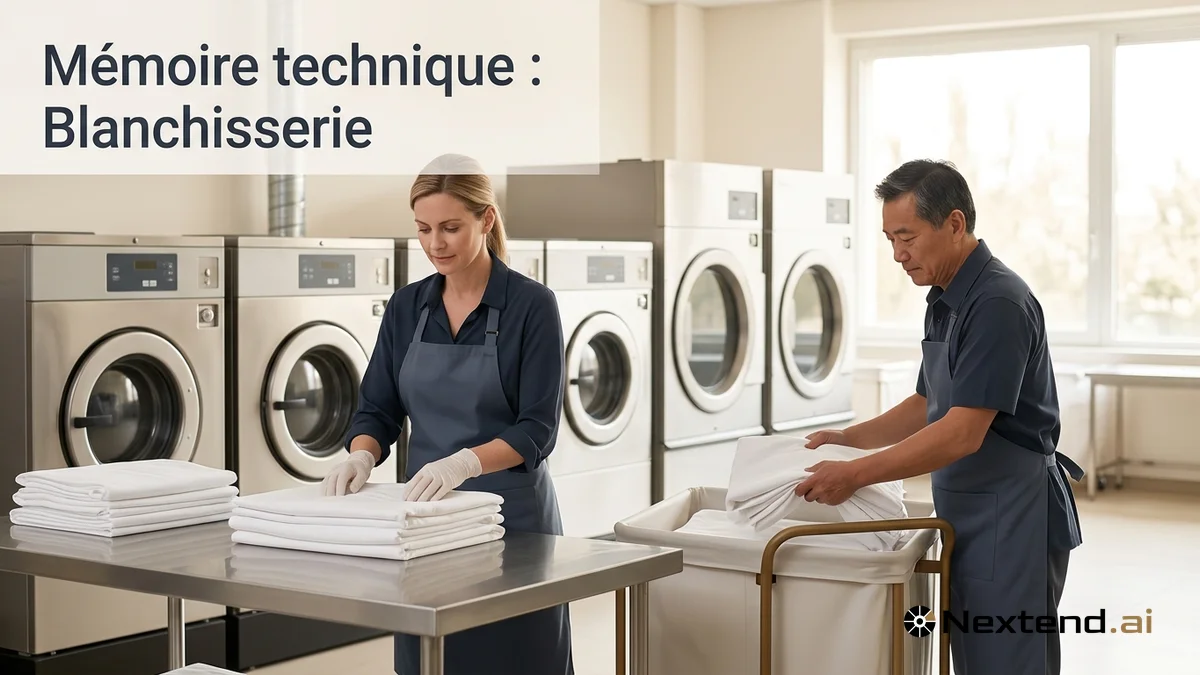 Deux opérateurs de blanchisserie industrielle plient et transfèrent du linge propre devant des machines professionnelles