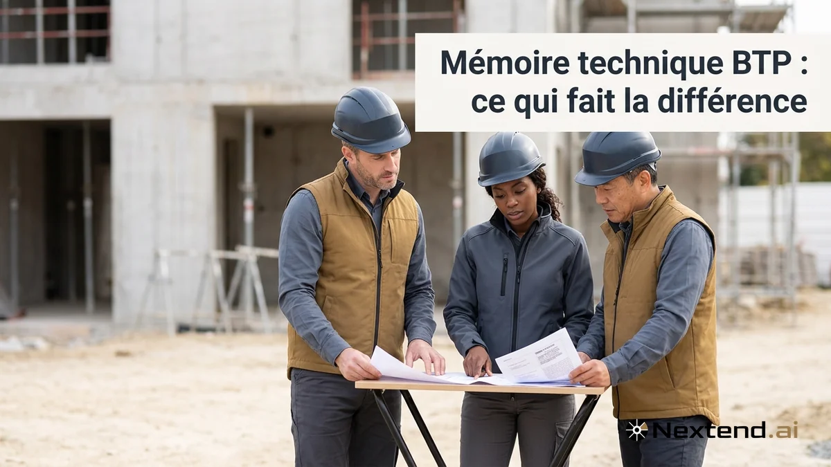 Chef de chantier, ingénieure et conducteur de travaux consultent plan et mémoire technique BTP sur un chantier