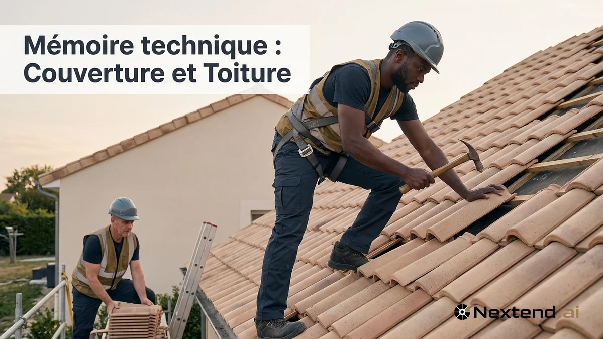 Couvreur pose une tuile en hauteur pendant que son collègue prépare une palette au sol sur un chantier de toiture