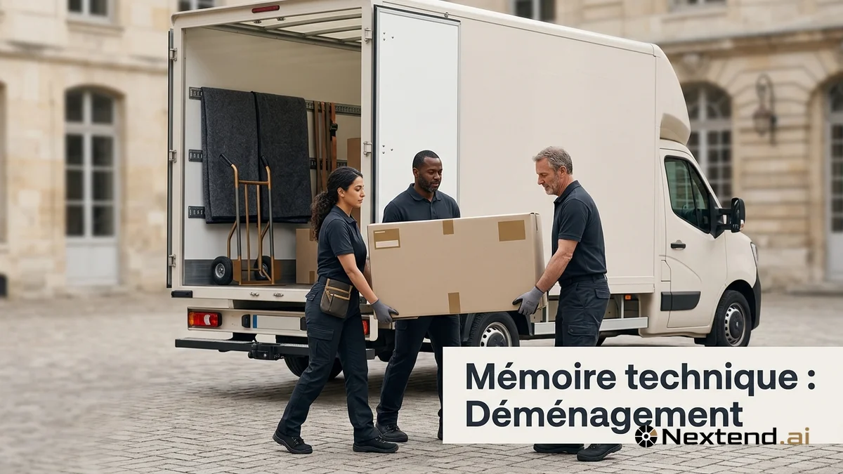 Trois déménageurs professionnels portent une caisse carton devant un camion utilitaire aux portes arrière ouvertes