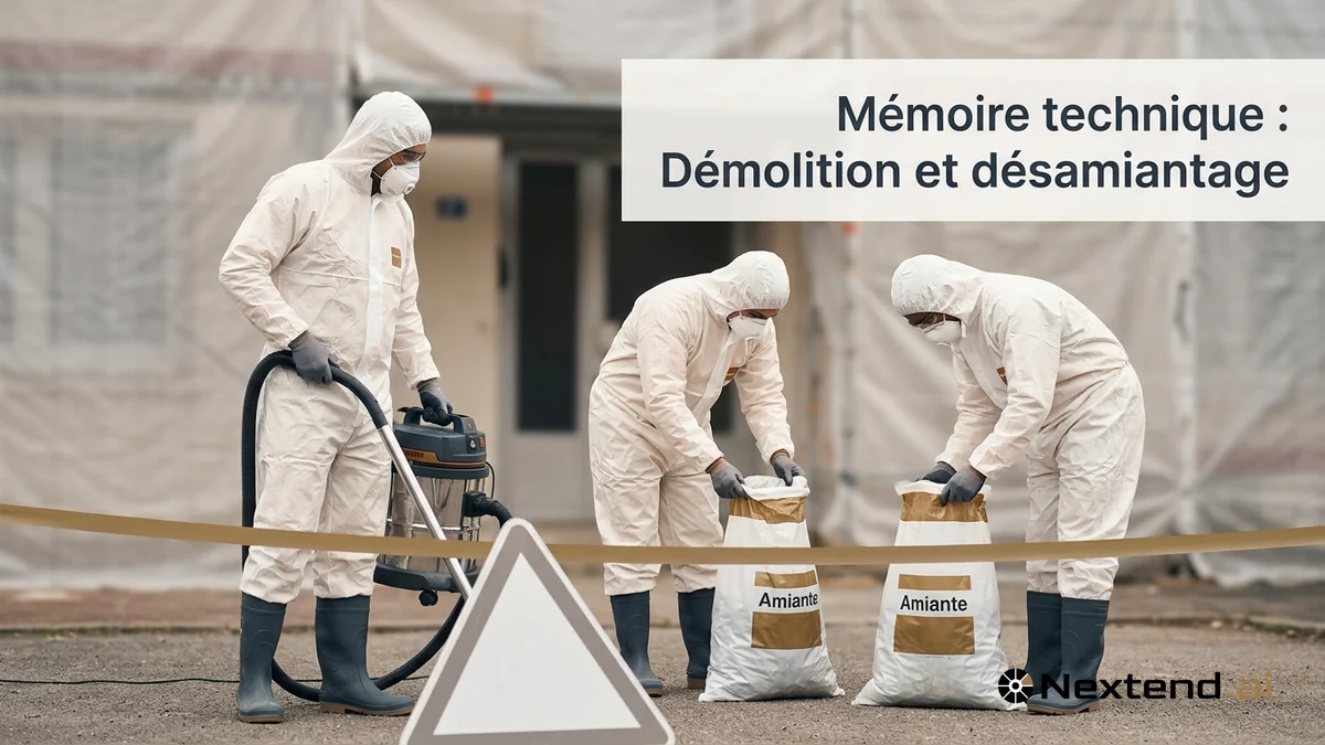Trois opérateurs en combinaison de protection et masque FFP3 sécurisent un chantier de désamiantage