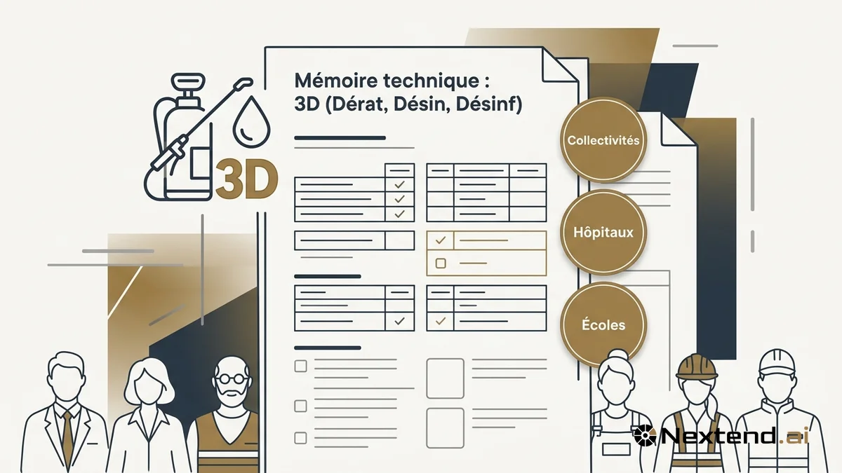 Illustration d'un pulvérisateur et d'un picto 3D associés à un mémoire technique dératisation, désinsectisation, désinfection