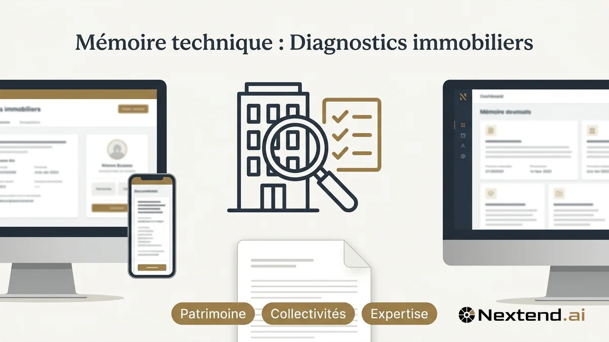 Illustration d'un bâtiment avec loupe et liste à cocher associée à un mémoire technique diagnostics immobiliers
