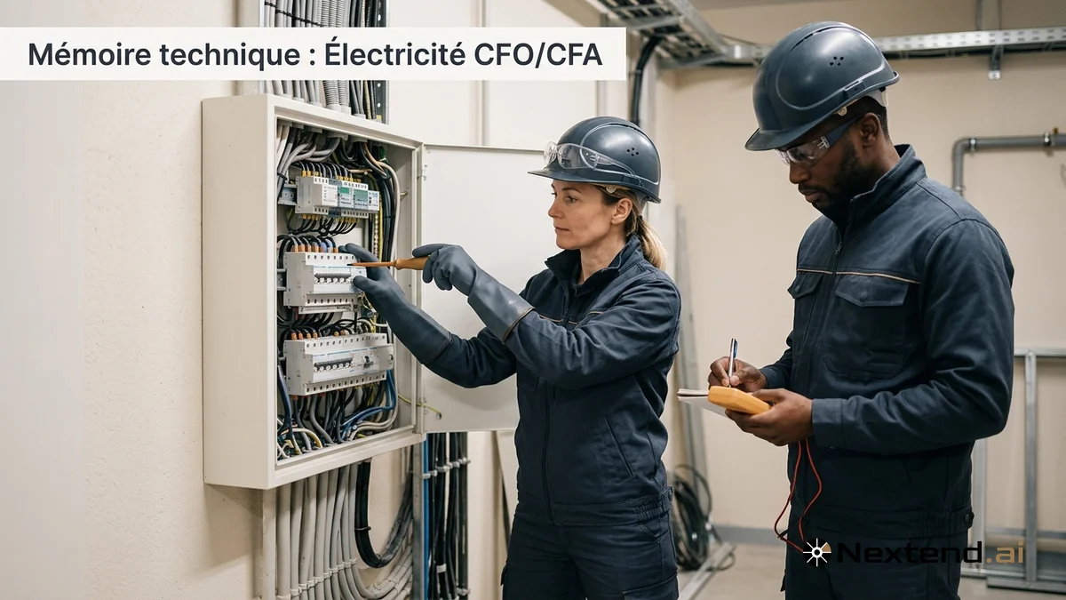 Deux électriciens installent des disjoncteurs et effectuent un contrôle devant un tableau électrique mural ouvert