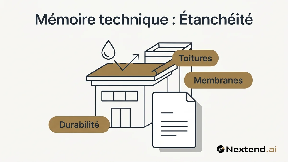 Illustration d'un toit plat, d'une goutte d'eau et d'une membrane associés à un mémoire technique étanchéité