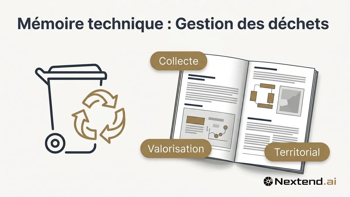 Illustration d'un bac roulant et d'un symbole cyclique associés à un mémoire technique gestion des déchets