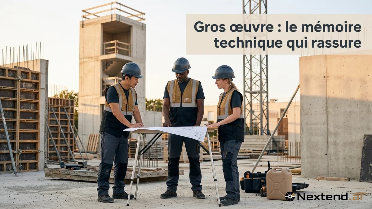 Trois maçons consultent un plan papier devant des banches de coffrage et une tour d'escalier en béton nu