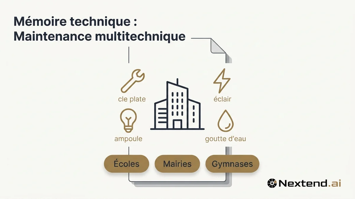 Illustration d'un bâtiment entouré de quatre pictos clé, éclair, ampoule et goutte d'eau pour la maintenance multitechnique