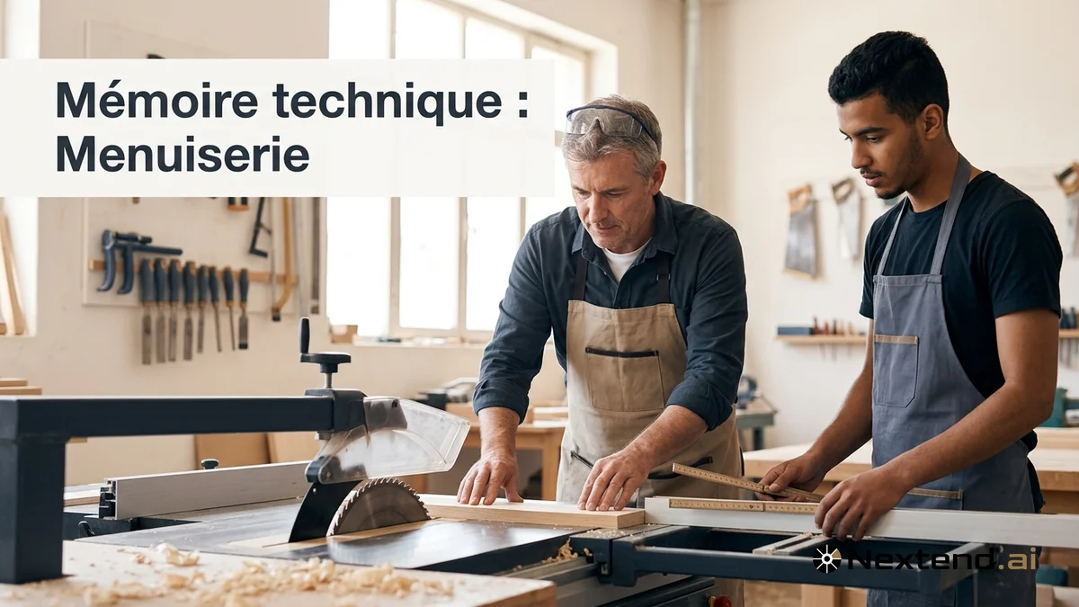 Menuisier guide une planche à la scie à format et apprenti tient un mètre pliant dans un atelier de menuiserie