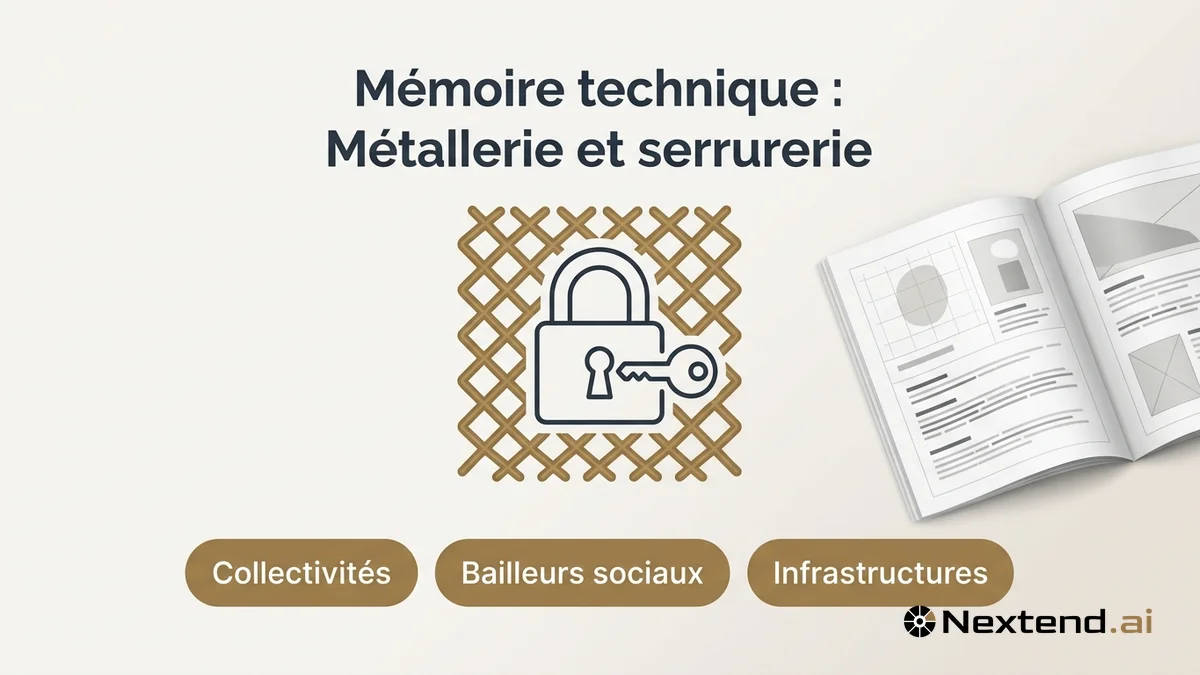 Illustration d'une serrure stylisée avec clé et grille métallique associée à un mémoire technique métallerie et serrurerie