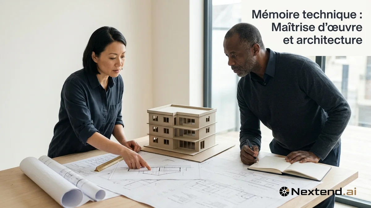 Deux architectes étudient plans imprimés et maquette en carton sur une grande table dans une agence d'architecture