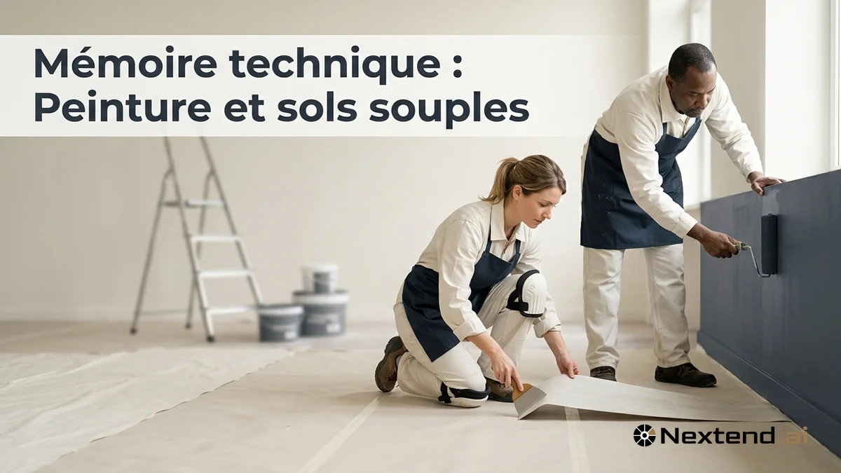 Peintre pose un lé de sol souple à la spatule pendant qu'un collègue applique une finition au rouleau en salle rénovée
