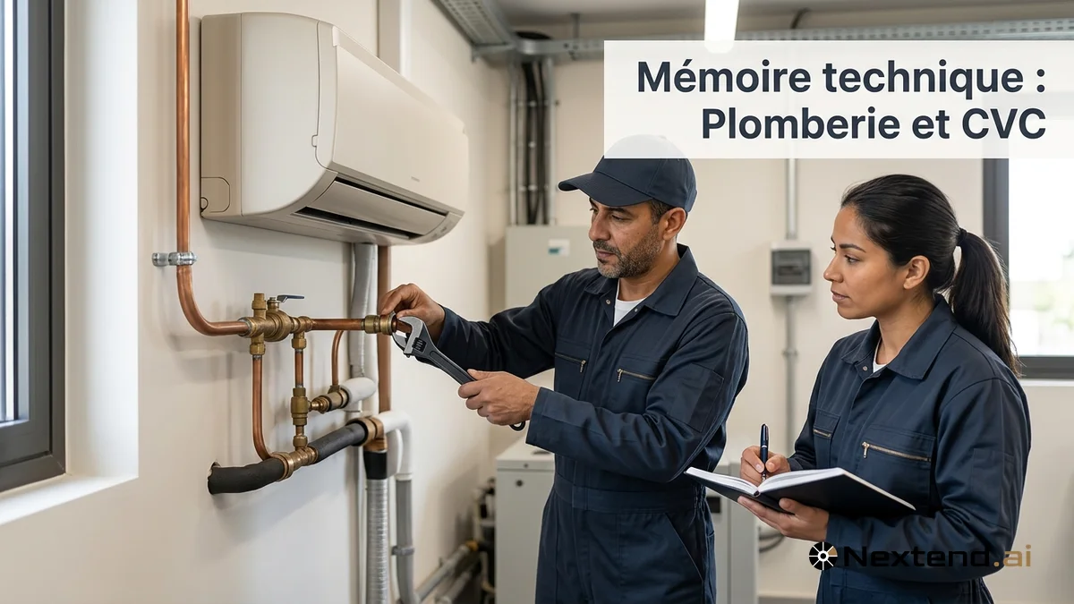 Plombier ajuste un raccord de climatisation à la clé à molette pendant qu'une collègue prend des notes en local technique