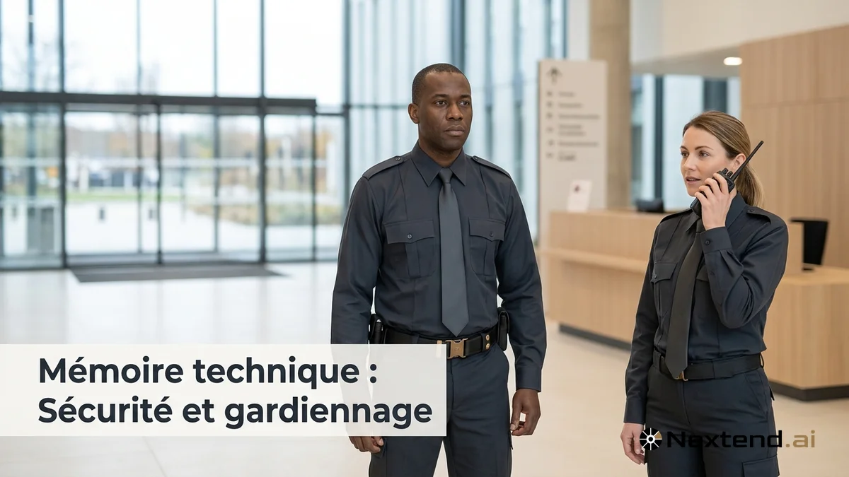 Deux agents de sécurité en uniforme assurent la surveillance d'un hall d'entrée, radio portative à l'oreille