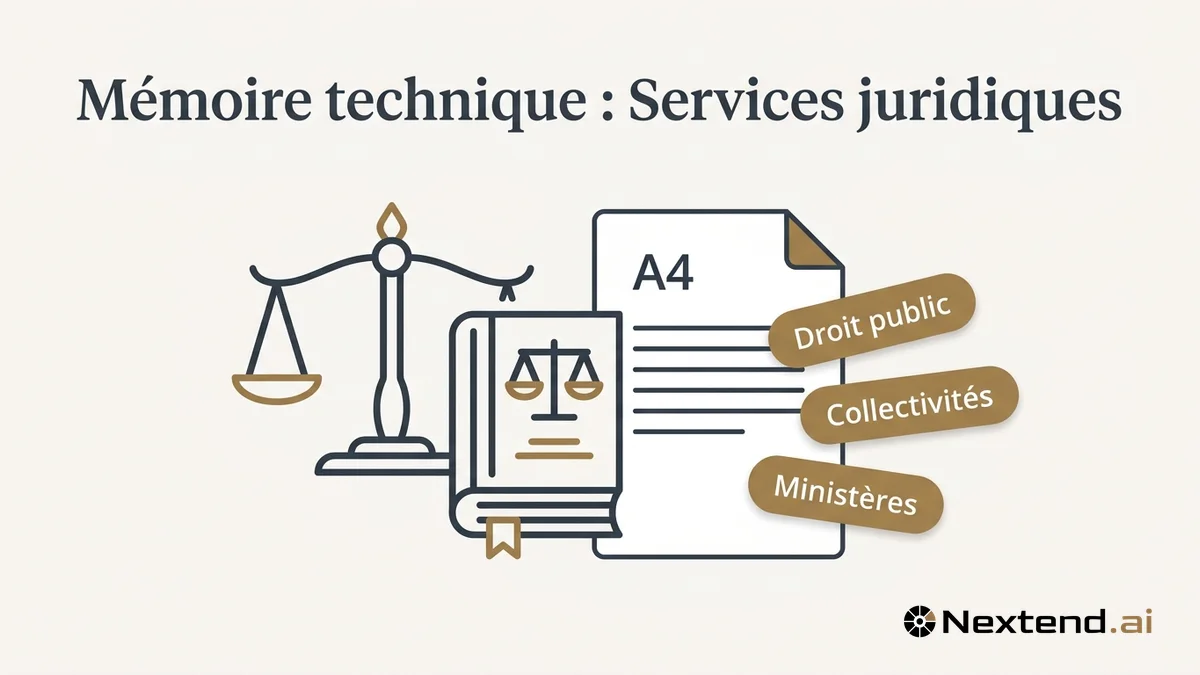 Illustration d'une balance de la justice et d'un livre de droit associés à un mémoire technique services juridiques