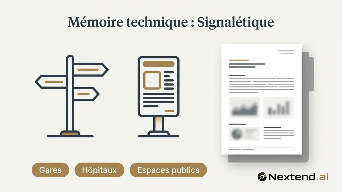 Illustration d'un panneau directionnel et d'un panneau informatif associés à un mémoire technique signalétique
