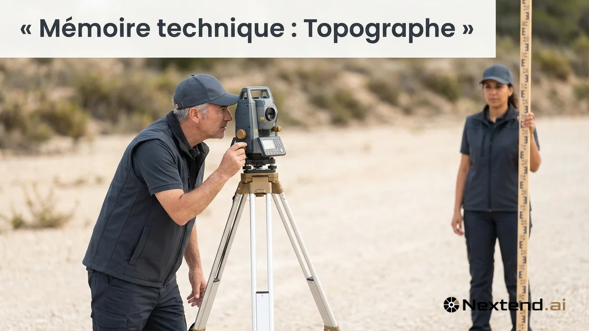 Topographe vise au théodolite sur trépied pendant que son assistante tient une mire graduée sur un terrain à relever