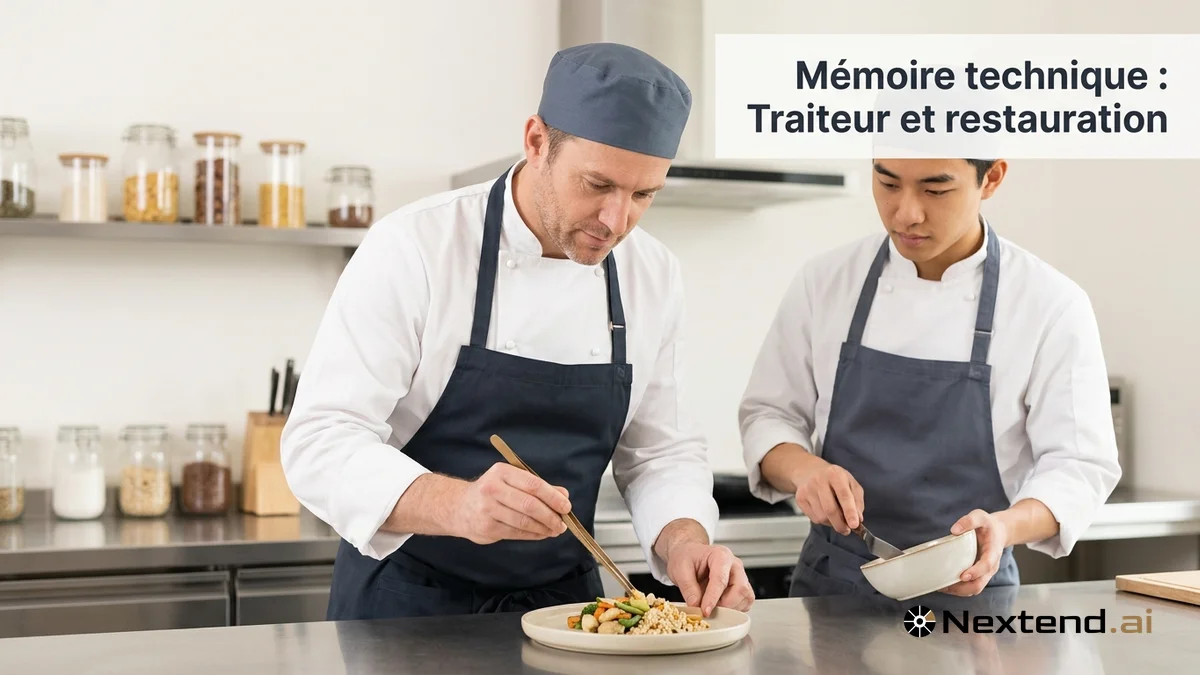 Chef cuisinier dresse un plat à la pince et commis tient une corne en cuisine professionnelle lumineuse