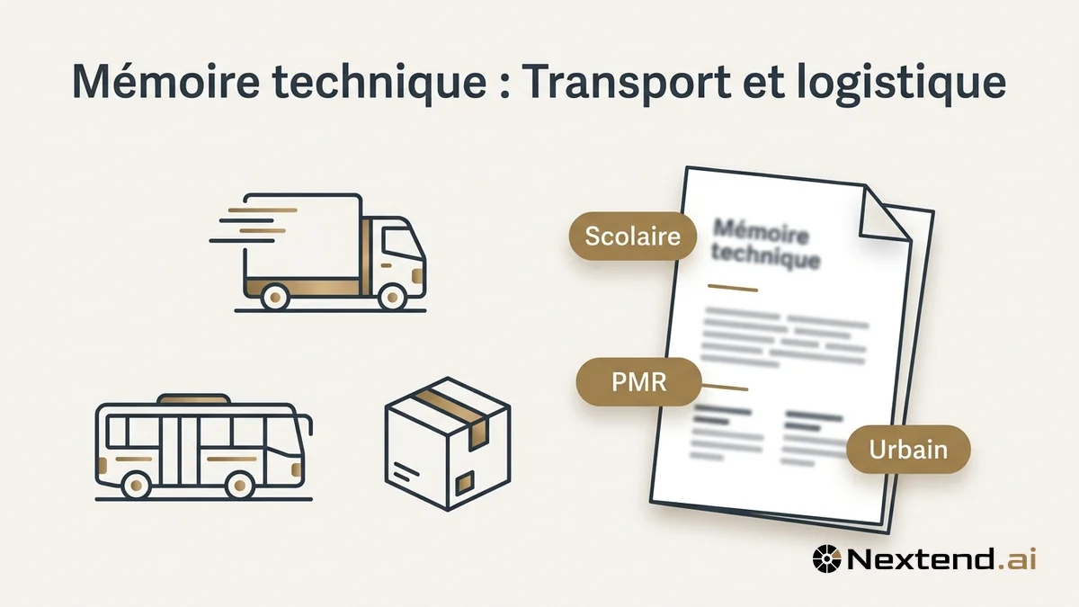 Illustration d'un camion, d'un bus urbain et d'un carton associés à un mémoire technique transport et logistique