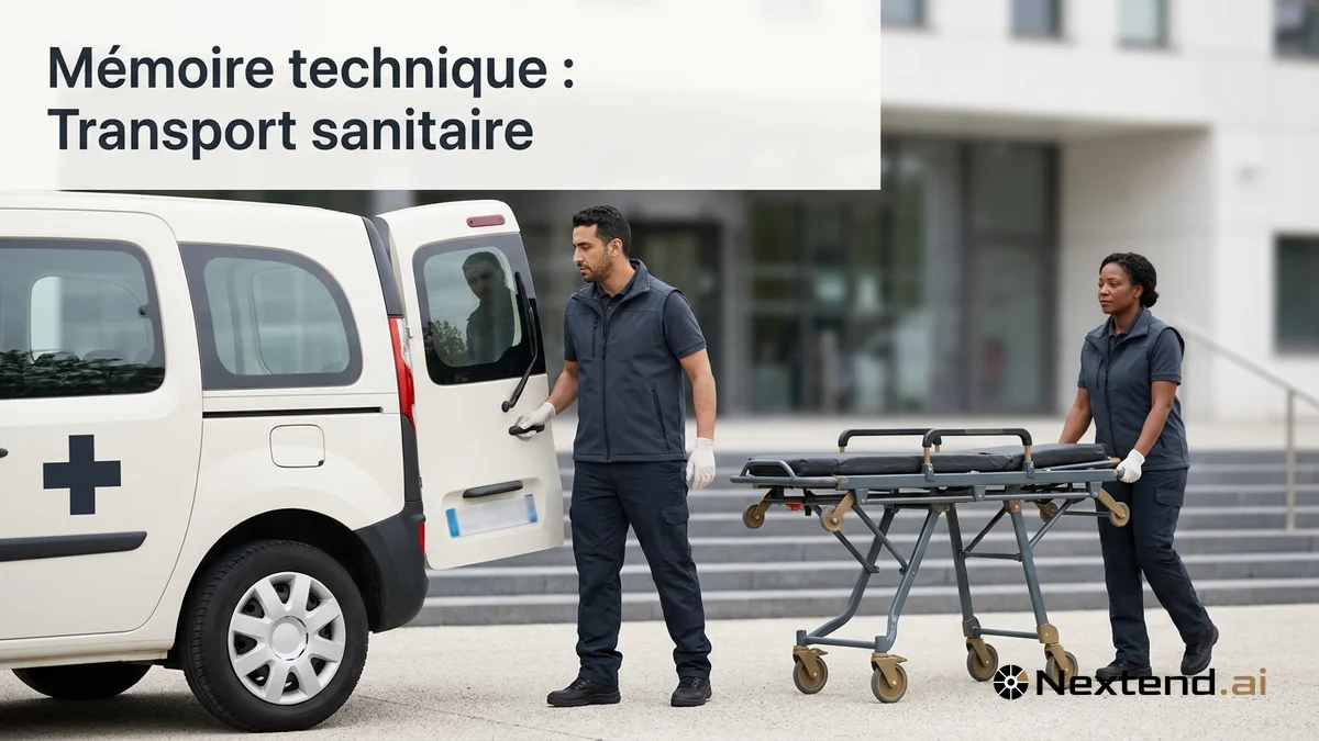 Duo d'ambulanciers prépare un brancard devant un véhicule utilitaire sur le parvis d'un établissement de santé