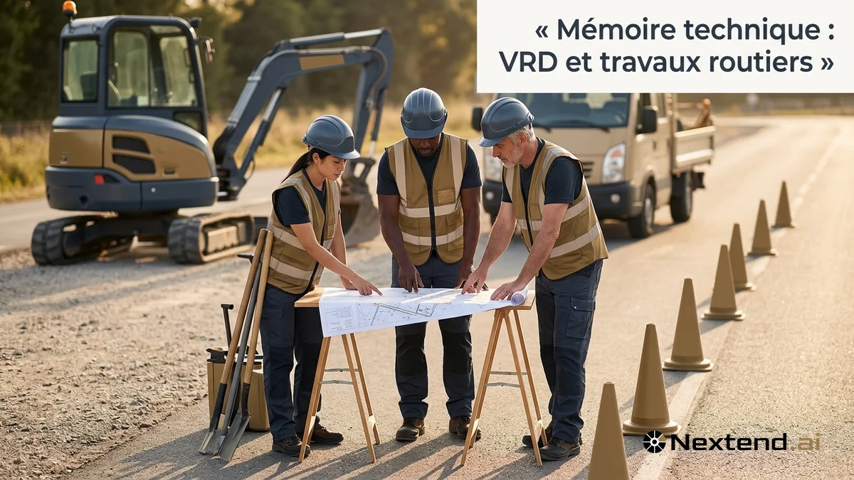 Trois ouvriers VRD consultent un plan de réseau sur un chantier de voirie jalonné de cônes de signalisation