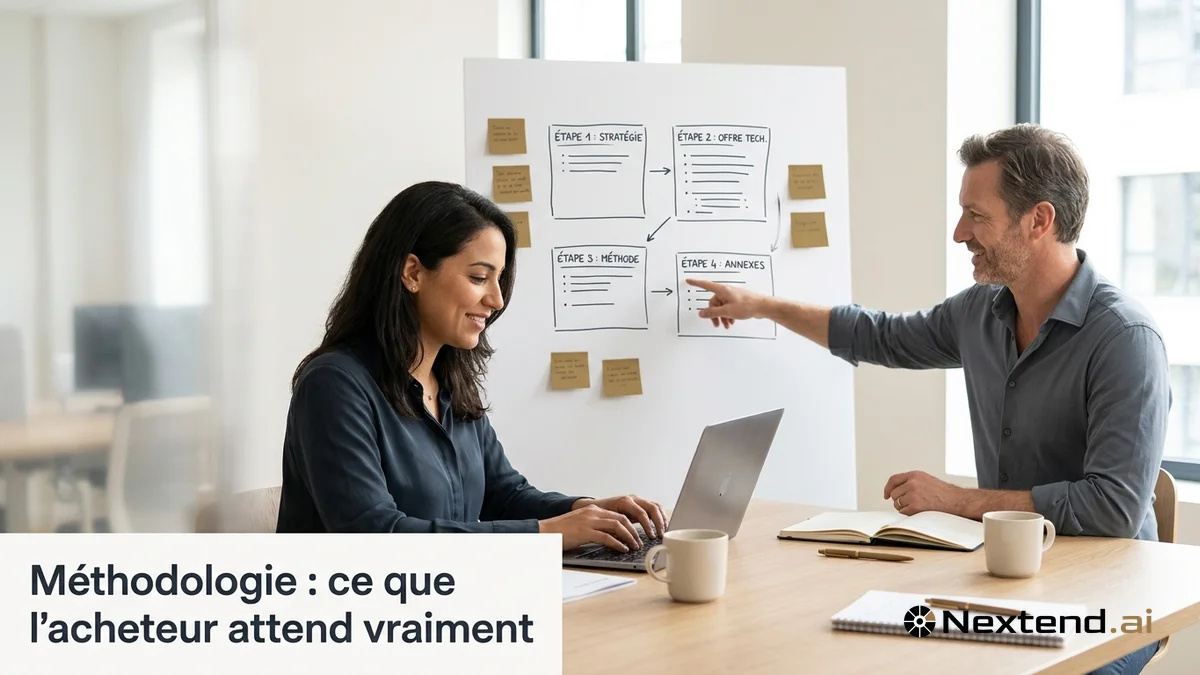 Duo de rédacteurs structure un mémoire technique devant un paperboard couvert de post-its et un ordinateur portable