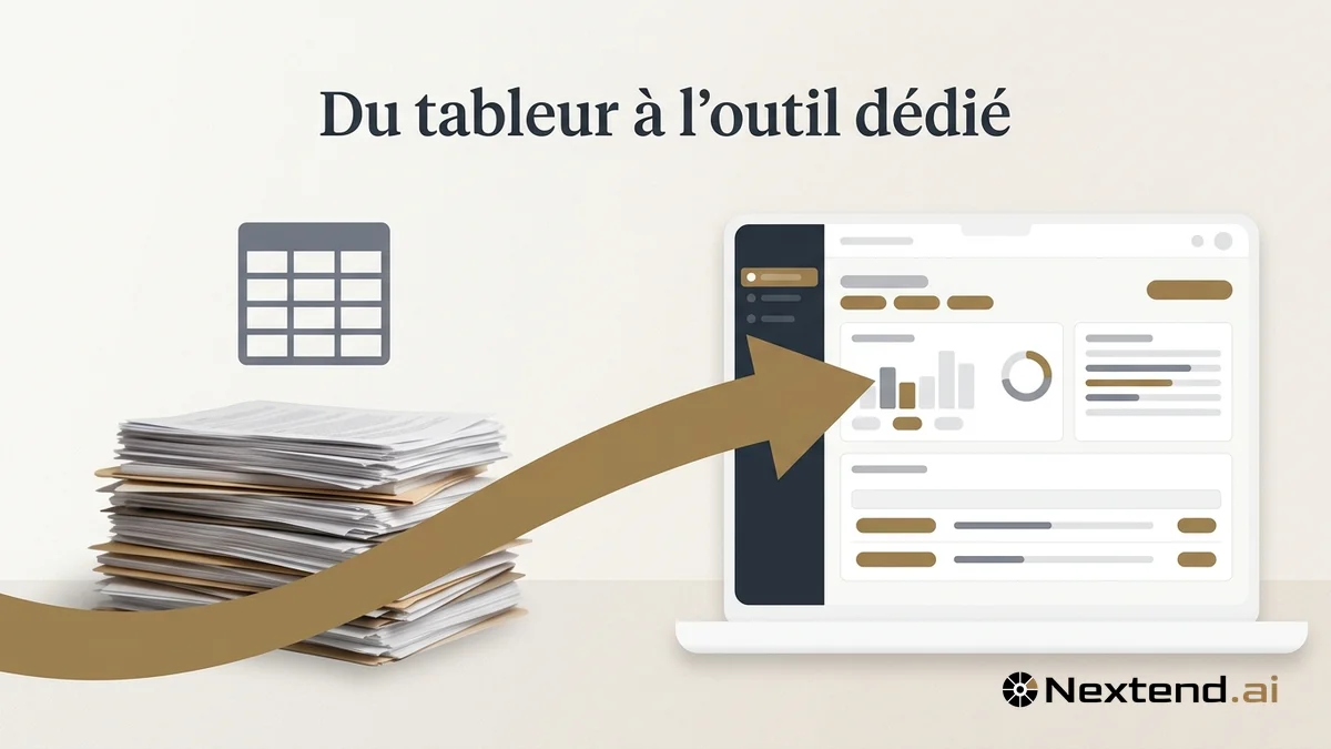 Illustration d'une pile de documents et d'un tableur reliés par une flèche à un mockup d'application SaaS épurée