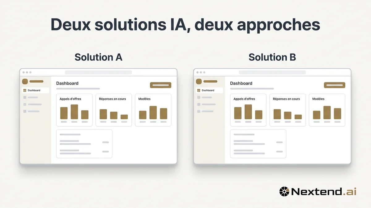 Mockup comparatif de deux dashboards SaaS IA côte à côte avec cartes de stats et barres de progression
