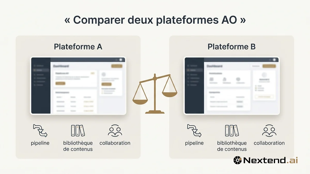 Infographie comparative de deux plateformes AO avec pipelines et icônes collaboration autour d'une balance
