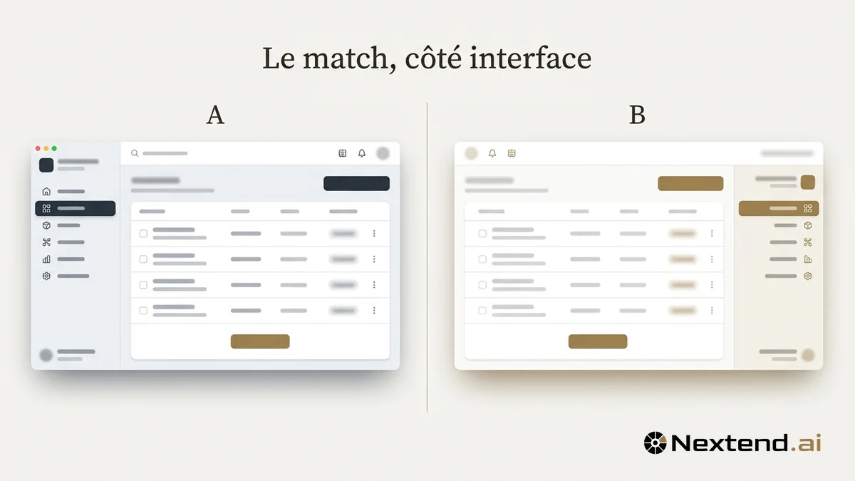 Mockup split-screen horizontal de deux interfaces SaaS aux nuances d'accents et de disposition distinctes