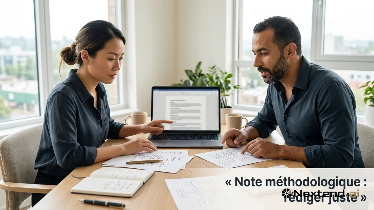 Duo de rédacteurs concentrés sur un ordinateur portable annote des schémas papier pour une note méthodologique