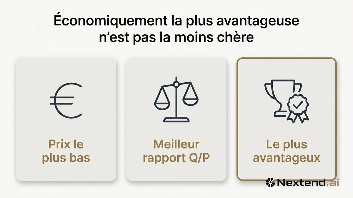 Infographie à trois cartes opposant prix le plus bas, meilleur rapport qualité-prix et offre la plus avantageuse