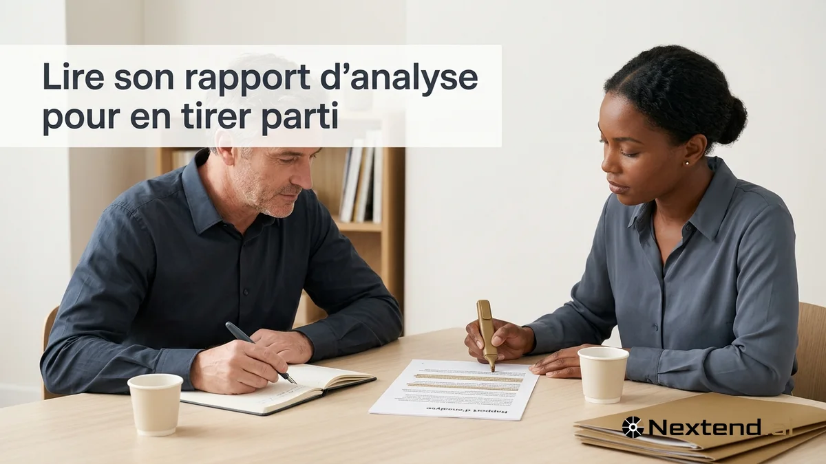 Duo analyse un rapport d'analyse imprimé avec passages surlignés et prise de notes dans un bureau sobre