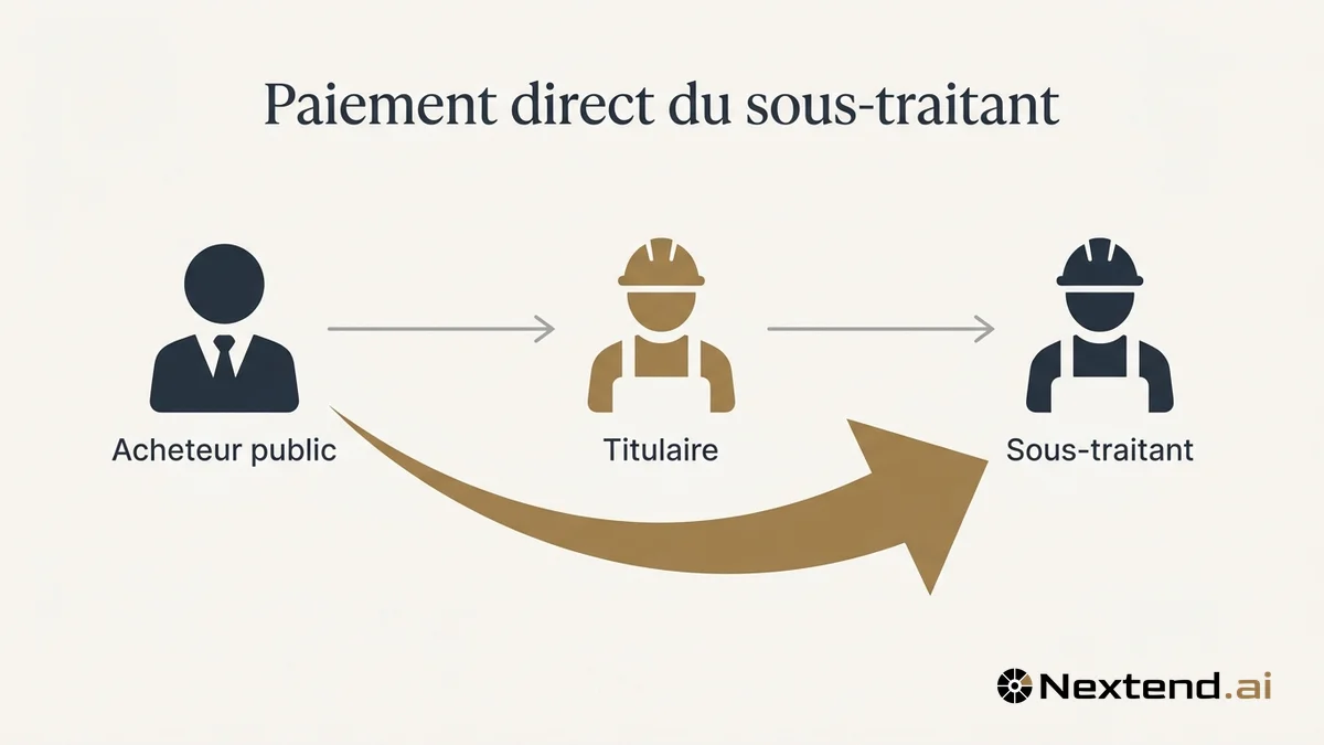 Schéma reliant acheteur public, titulaire et sous-traitant avec une flèche directe illustrant le paiement direct