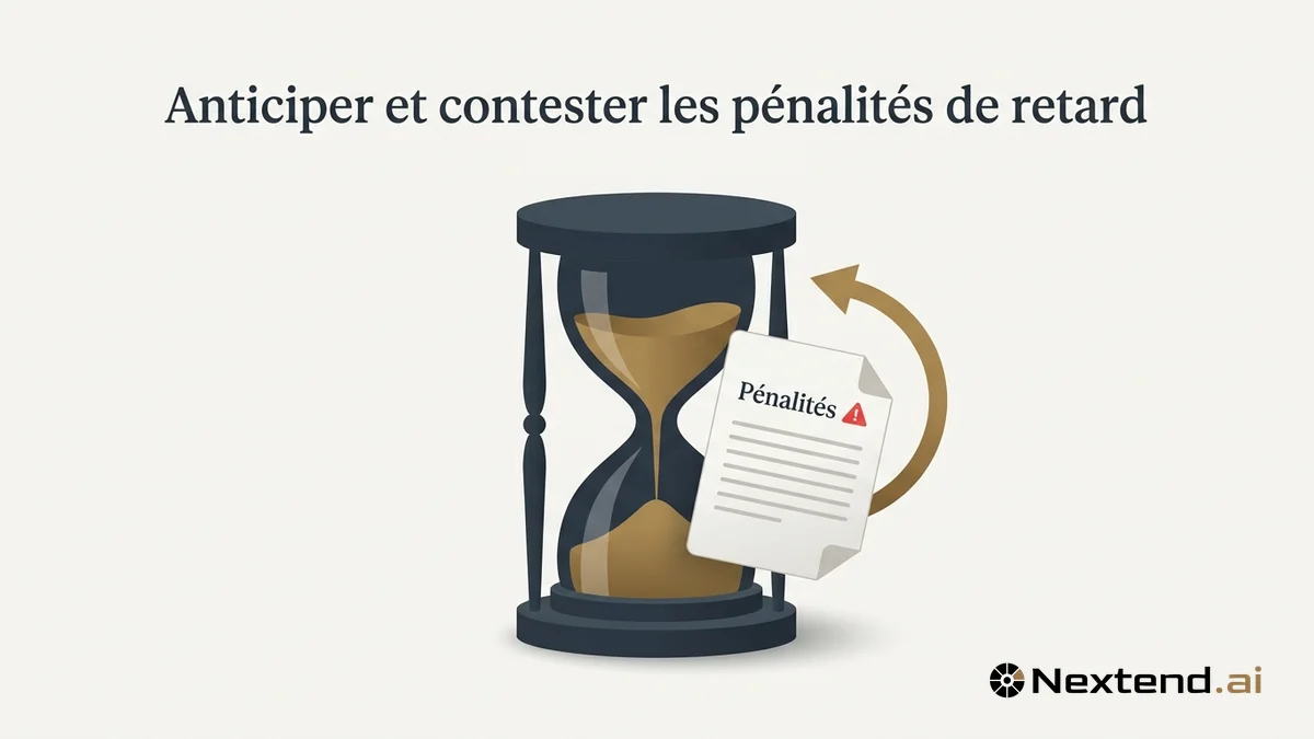 Illustration d'un sablier au sable doré associé à un document pénalités et une flèche de contestation