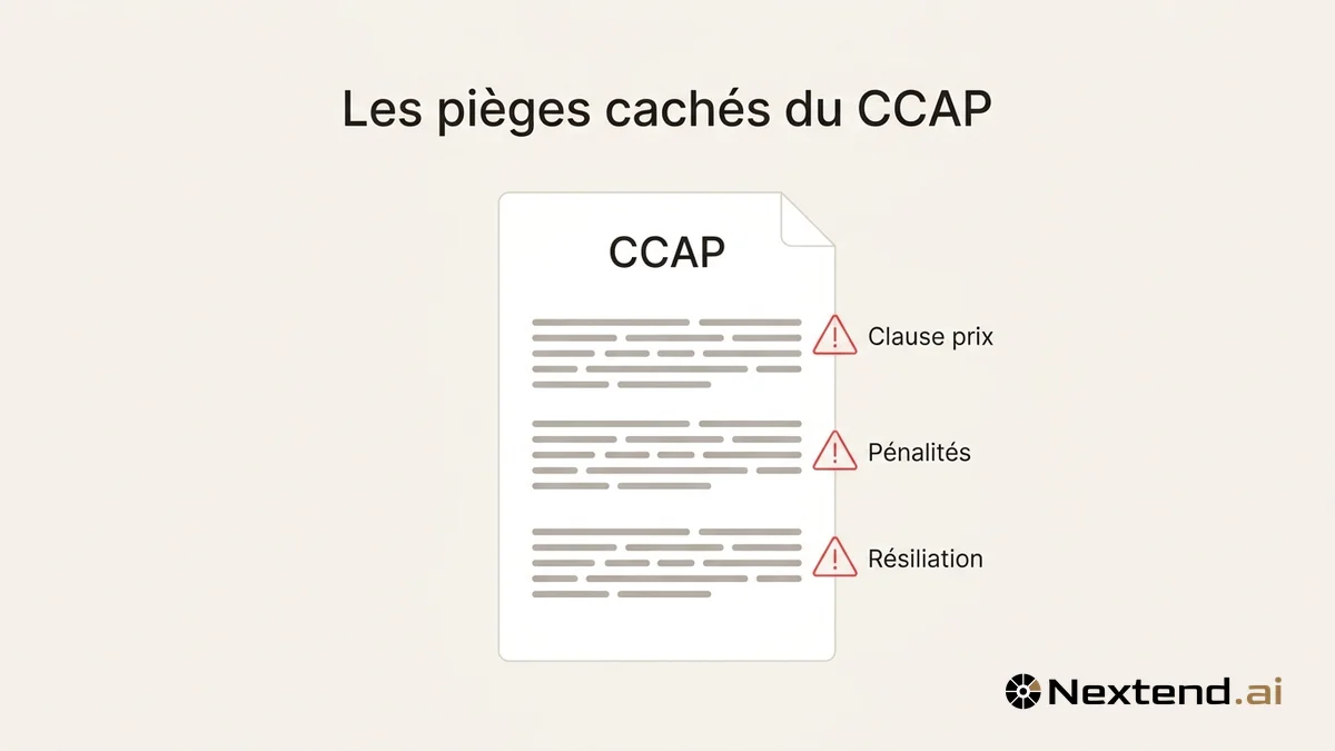 Illustration d'un document CCAP avec trois triangles d'avertissement pointant clause prix, pénalités et résiliation