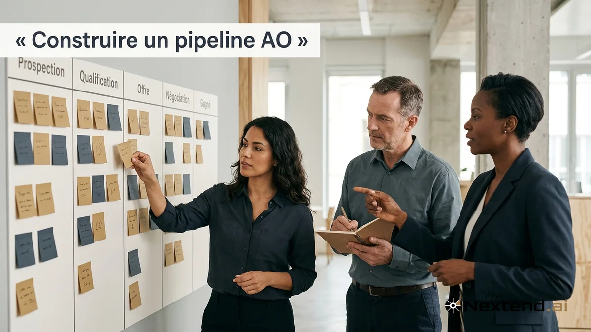 Équipe commerciale organise les post-its d'un tableau pipeline mural à cinq colonnes dans un open space