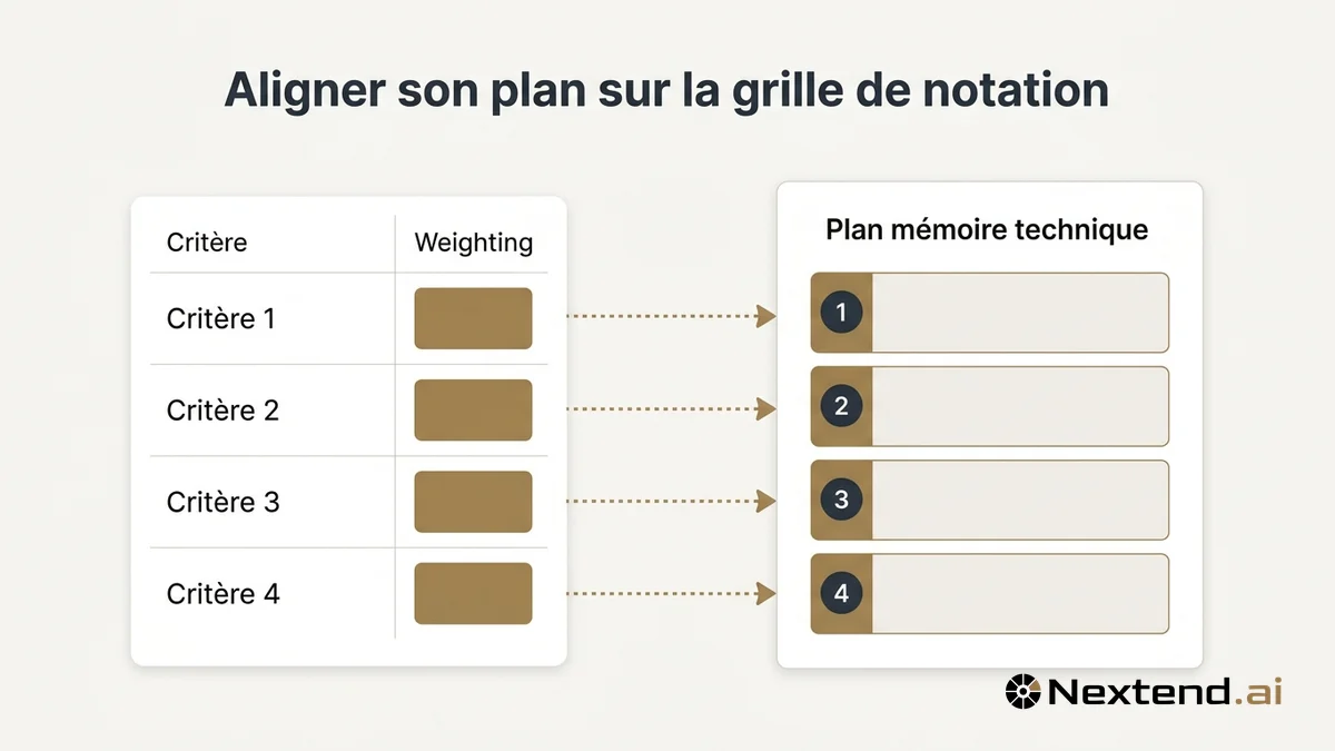Illustration d'une grille de notation à quatre critères reliée par des flèches au plan correspondant d'un mémoire technique