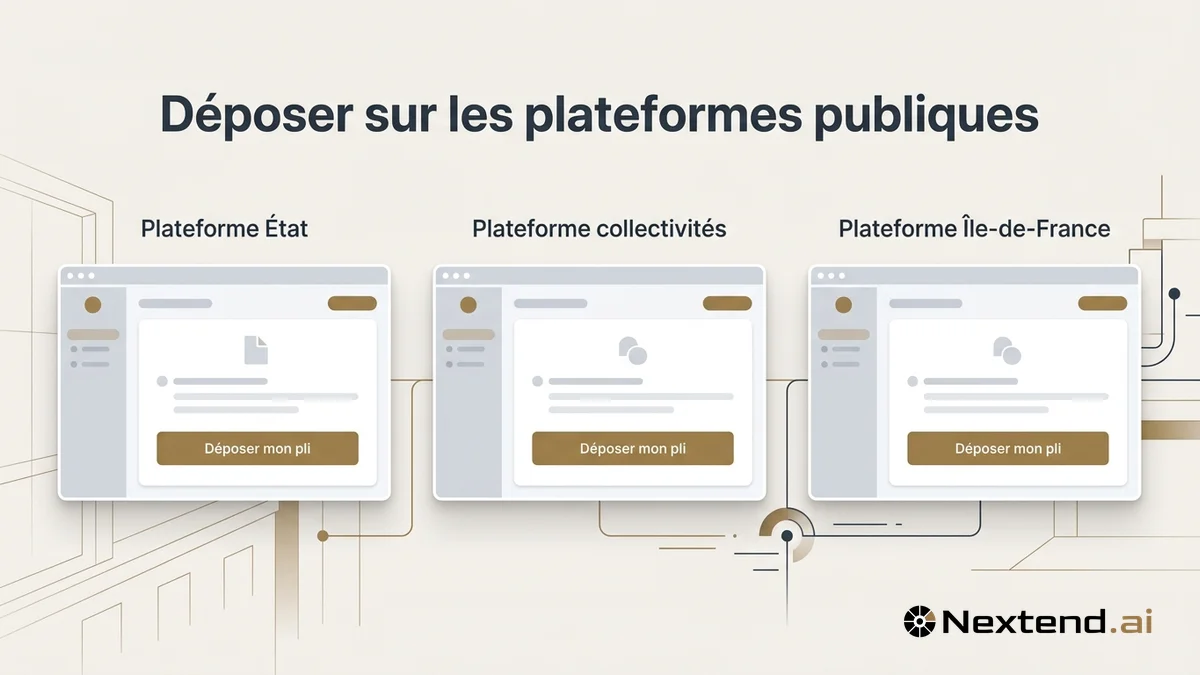Mockup aligné de trois fenêtres SaaS de plateformes de dépôt avec boutons déposer mon pli pour marchés publics