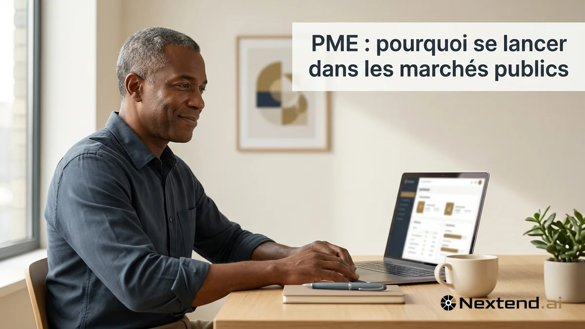 Dirigeant de PME serein face à son ordinateur portable dans un bureau sobre pour réfléchir aux marchés publics