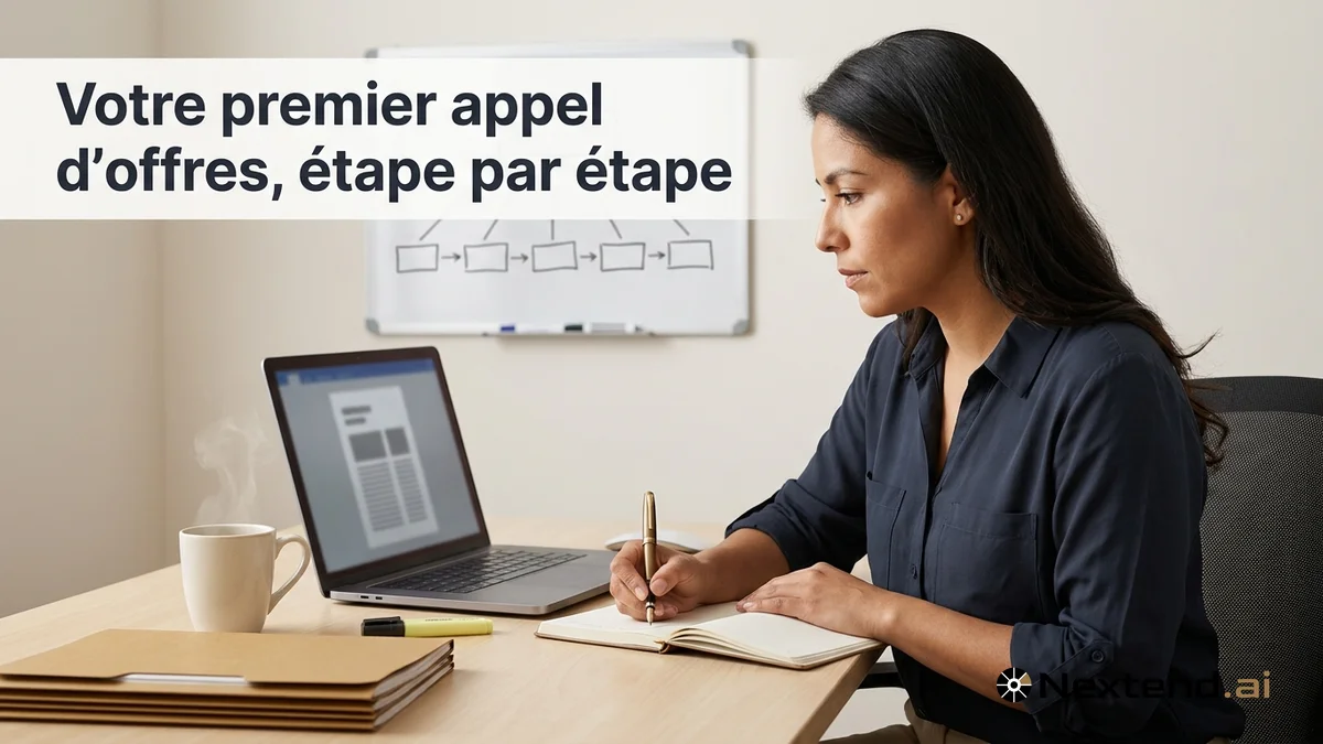 Entrepreneuse prend des notes au stylo plume face à son ordinateur pour préparer son premier appel d'offres