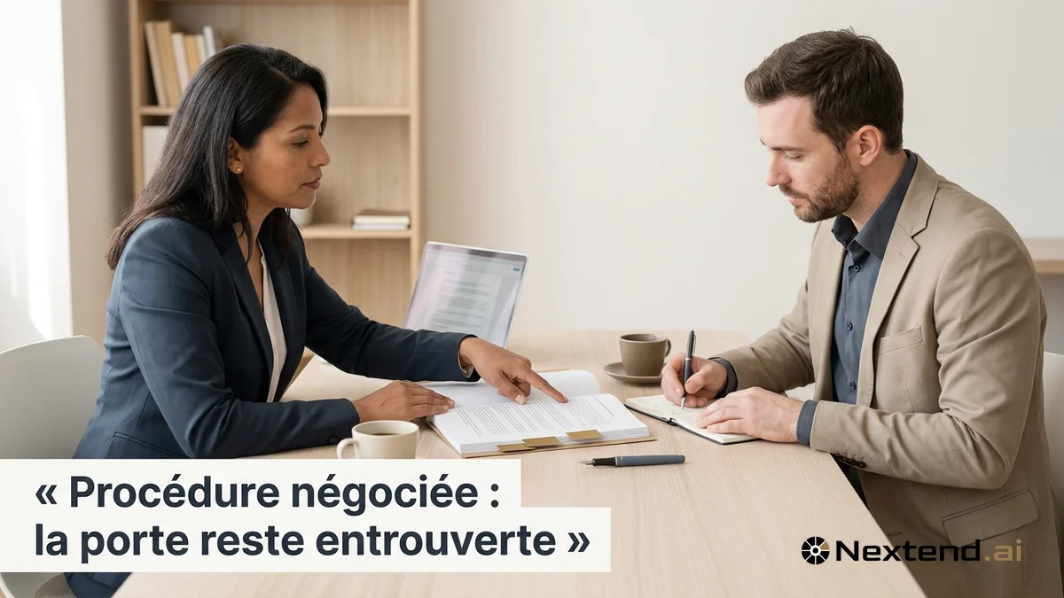 Acheteuse publique et candidat échangent autour d'un dossier ouvert lors d'une procédure négociée dans un bureau
