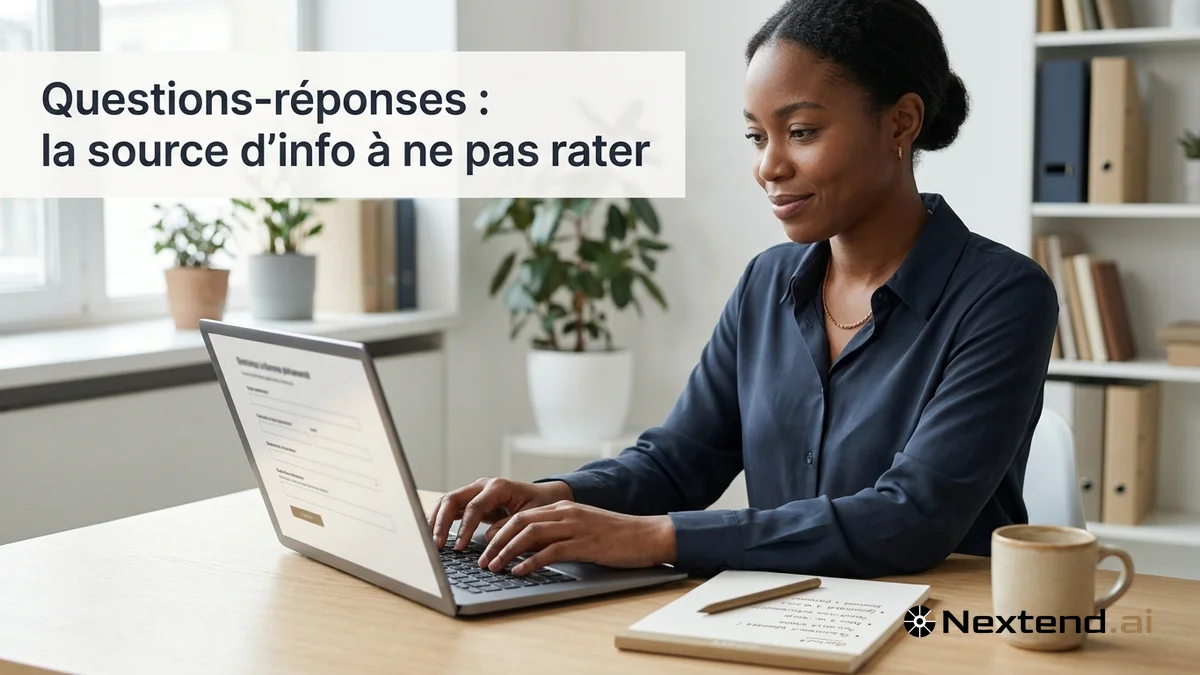 Professionnelle rédige une question à un acheteur public sur son ordinateur portable, liste numérotée à côté