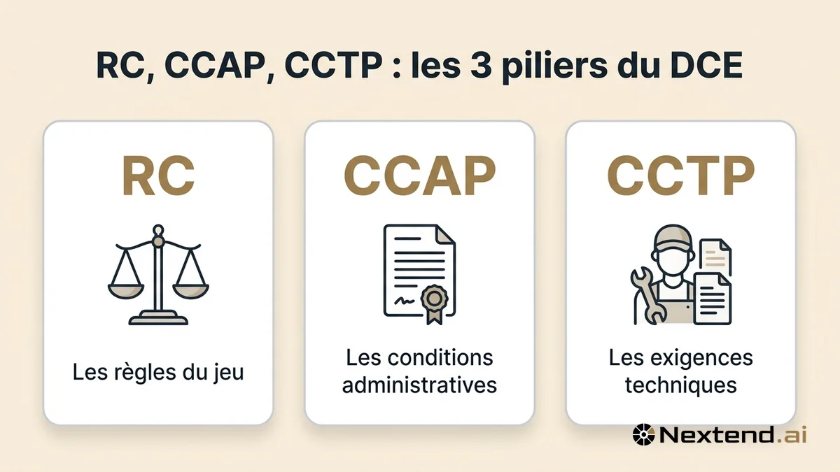 Infographie de trois cartes présentant RC, CCAP et CCTP comme les trois piliers du dossier de consultation