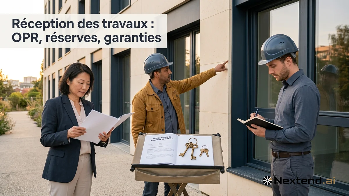 Trio de réception de chantier, maîtrise d'ouvrage, conducteur et architecte, examine un procès-verbal devant un bâtiment neuf