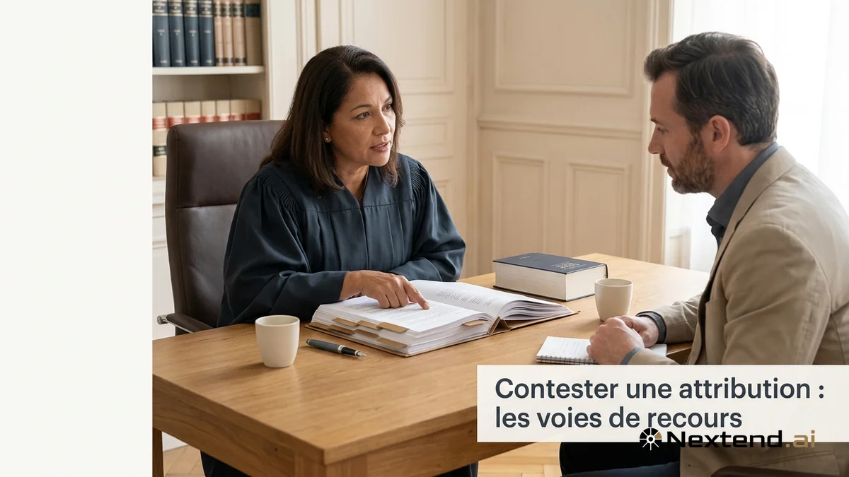 Avocate en robe conseille un client face à un dossier volumineux et un code dans un cabinet d'avocat