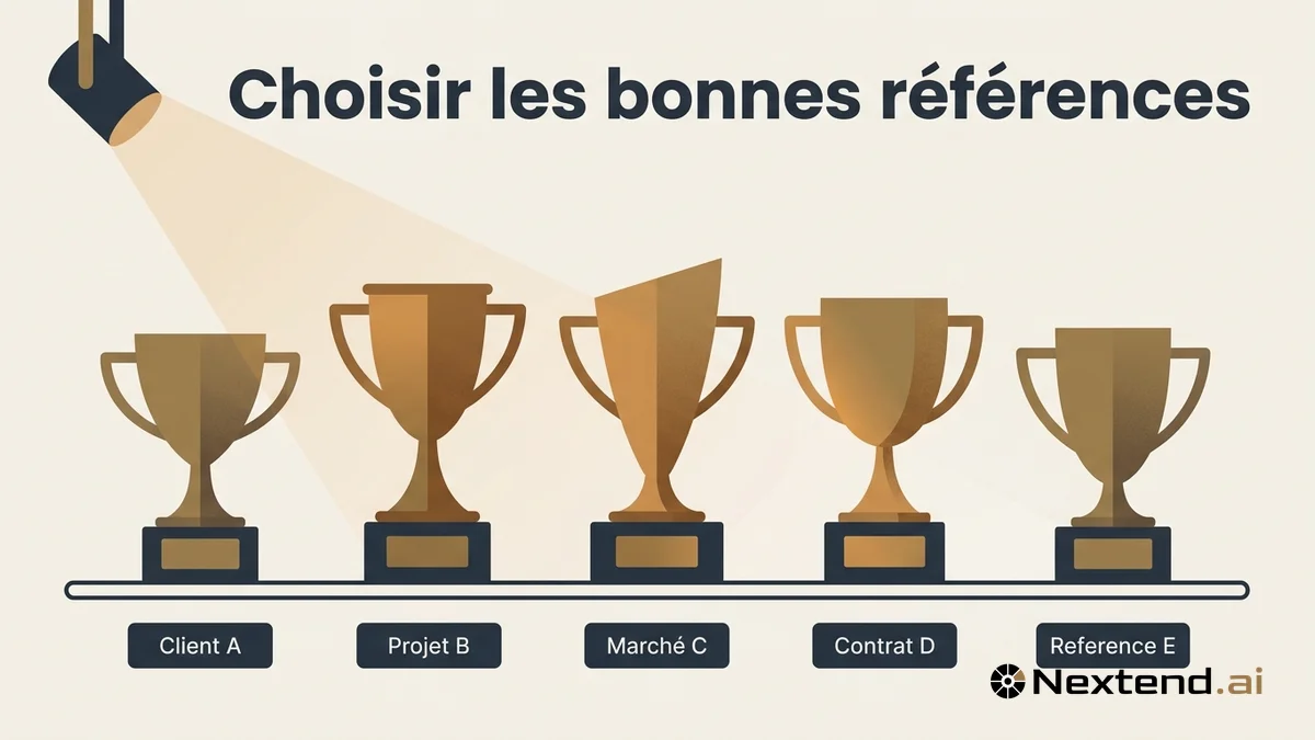 Illustration d'une étagère ornée de cinq trophées dont trois sont éclairés par un projecteur pour suggérer la sélection